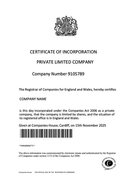 UK certificate of incorporation of a private limited company Word and PDF template, version 2
